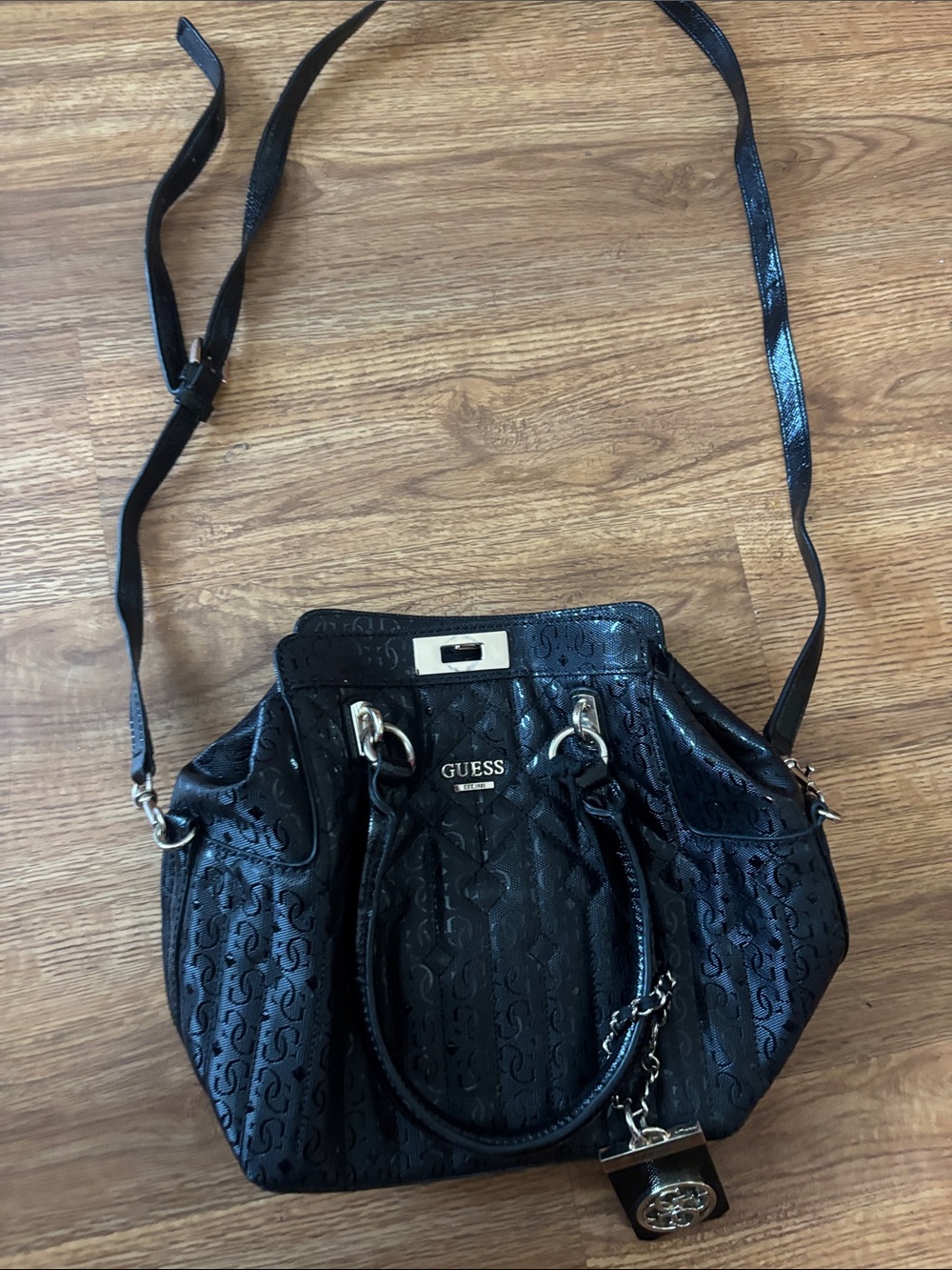 GUESS Black Quilted Logo Shoulder Bag with Padlock Charm